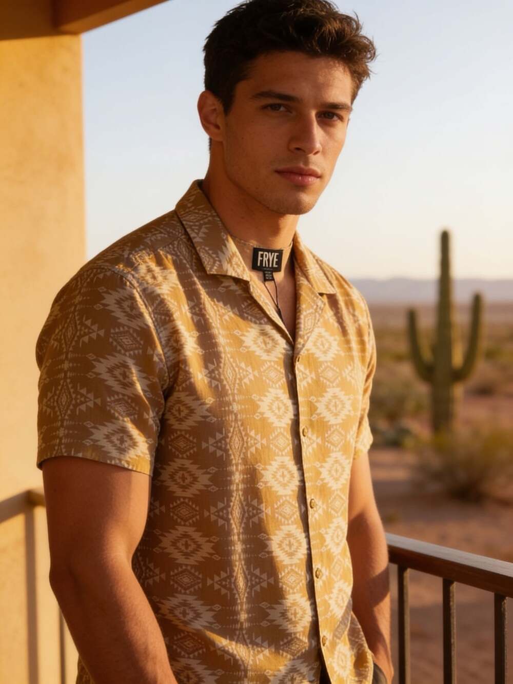 FRYE Men's Southwestern Print Short Sleeve Camp Collar Button-Down Shirt- Medium